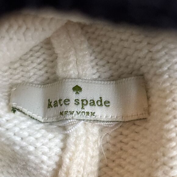 Kate Spade Pom Pom Beanie Hat Cap Gold Logo Knit Black Cream Womens One Size - Picture 6 of 8